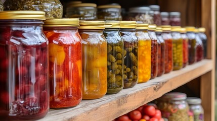 Jars of canned fruits and vegetables arranged on wooden shelves in a well stocked pantry showcase