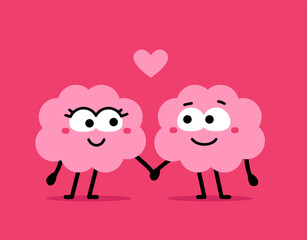 Vector romantic illustration of cute cartoon happy brain character in love hold each other hand on pink color background. Flat doodle style design of smile brain and heart for valentine day banner