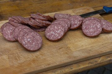 Sliced ​​long-life salami in rolls