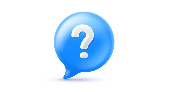 Vector illustration of realistic blue color speech bubble with question mark. 3d cartoon style design of speech bubble with question. Social media symbol of communication and faq icon