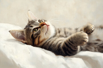 Cat laying on white blanket, eyes closed, bathed in sunlight streaming through window. Serene and peaceful scene.