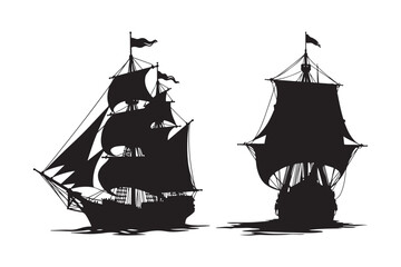 Pirate Ship Silhouette Vector Vintage Sailing Boat Clipart for Prints and Crafts