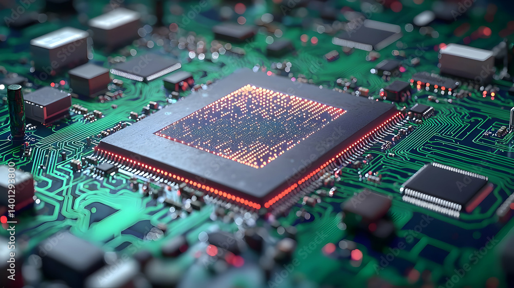 Poster close up of illuminated microprocessor on circuit board