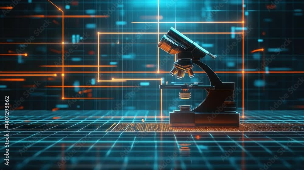 Poster modern microscope with futuristic technology background in laboratory setting for science and resear