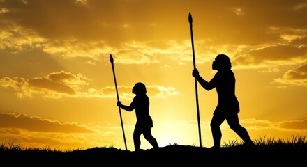 Ancient Humans at Sunset - Silhouette of two early humans with spears, walking against a vibrant sunset. Evokes themes of survival, history, and evolution