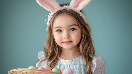 Portrait of girl with bunny ears and easter basket 