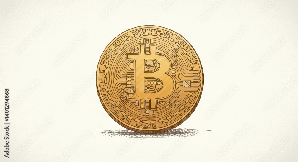 Poster bitcoin currency coin - close-up sketch of a golden bitcoin cryptocurrency coin. ideal for finance, 