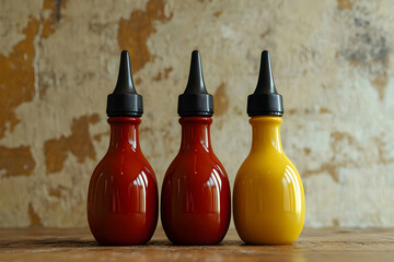 Vintage condiment bottles with ketchup, mustard, and mayonnaise for retro kitchen design