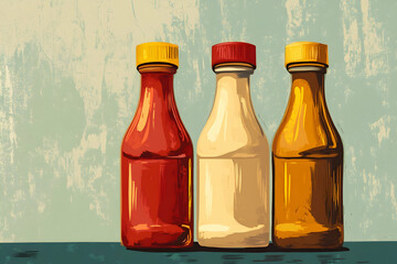 Vintage condiment bottles with ketchup, mustard, and mayonnaise for retro kitchen design
