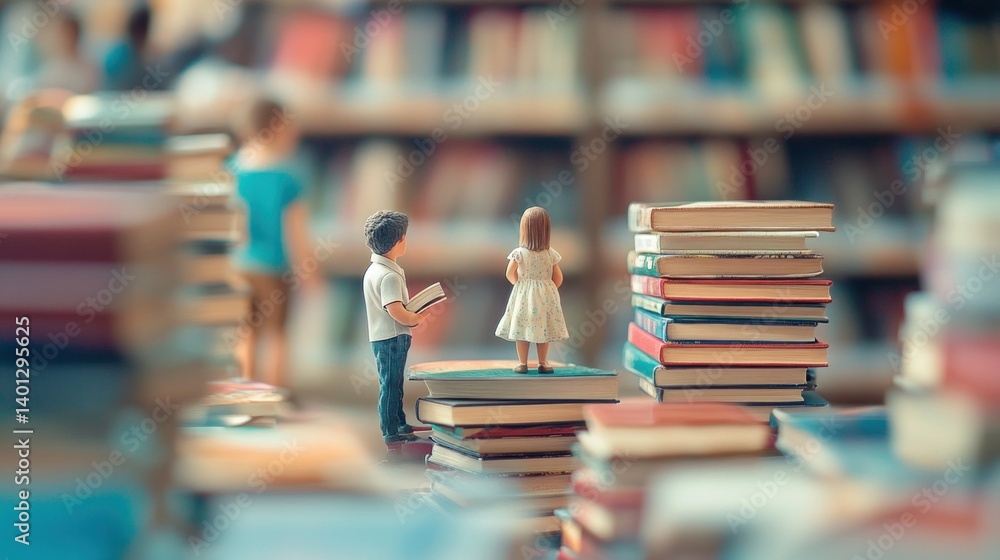 Poster miniature figures amidst a towering collection of books in a library setting