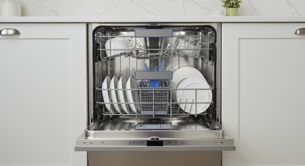 Clean Dishes in Modern Dishwasher - Sparkling clean ceramic bowls and cups, energy-efficient appliance, modern kitchen, convenient dish cleaning, home efficiency