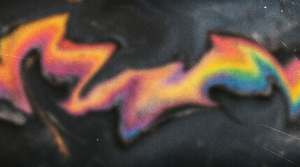 Abstract iridescent oil spill pattern on dark background, vibrant rainbow colors, textured surface, grunge style, artistic expression, unique design element, digital art, modern aesthetic