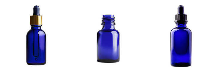Set of A 30ml cobalt blue Boston round bottle with a black dropper cap standing upright on transparent png background. Ai generated