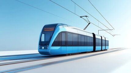 Fototapeta premium Modern light rail train on tracks in a light blue landscape