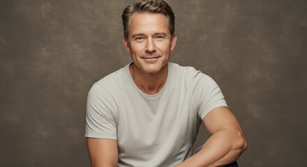 Obraz premium Confident Man Smiling Portrait - A friendly middle-aged man with short brown hair smiles warmly at the camera. He's wearing a light gray t-shirt against a brown background