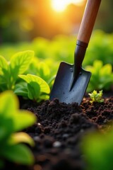 Sunlit garden bed, spade slicing through dark soil among vibrant green crops, vegetable garden, vibrant
