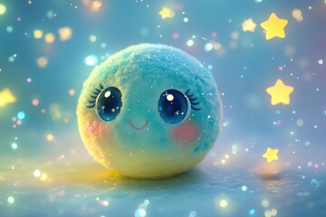 Adorable cartoon planet with big eyes, surrounded by twinkling stars and glitter.