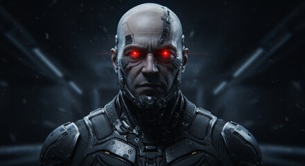 Cyborg Soldier with Red Eyes - A futuristic cyborg soldier with glowing red eyes stares intensely, set against a dark, gritty background