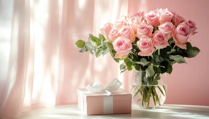Naklejka premium Pink roses bouquet gift, window light, soft pink room