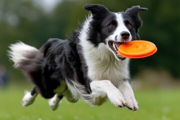 Fototapeta premium Energetic border collie jumping to catch a frisbee in a vibrant green park during a sunny afternoon