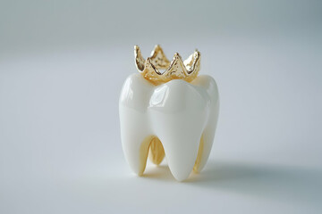 White tooth with a golden crown placed on a clean white background
