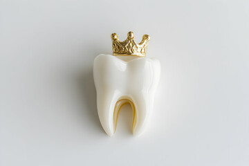 White tooth with a golden crown placed on a clean white background