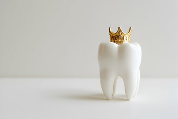 White tooth with a golden crown placed on a clean white background