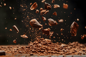 Whole cocoa beans and cocoa nibs exploding in mid-air against a dark background, showcasing the raw ingredients of chocolate making in a dynamic and rustic visual