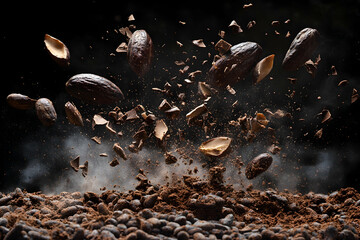 Whole cocoa beans and cocoa nibs exploding in mid-air against a dark background, showcasing the raw ingredients of chocolate making in a dynamic and rustic visual
