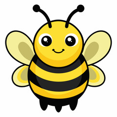 Obraz premium A cute yellow and black cartoon bee, a happy flying insect with wings, carries sweet honey, an illustration of nature's funny animal