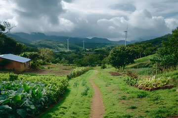 Wind turbines operating on a green eco-farm for sustainable energy generation