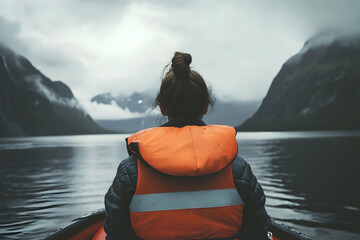 Woman on a boat wearing a life jacket in a scenic fjord under cloudy skies
