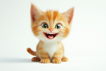 Fototapeta premium An adorable, orange kitten with big, expressive eyes and a wide, happy grin sits against a white background.