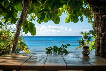 Wooden table with tropical leaves and a serene seascape in the background