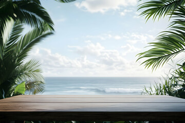 Wooden table with tropical leaves and a serene seascape in the background