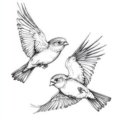 Fototapeta premium Two Elegant Drawings of Birds in Flight with Detailed Feathers and Expressive Postures for Artistic and Nature Themes