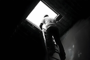 Worker using a ladder to inspect a skylight in an unfinished attic during daylight