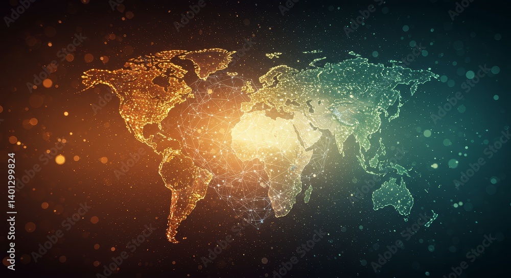 Poster global network connections - abstract world map illustration depicting interconnectedness and global