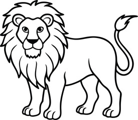 Black and White Illustration of a Standing Lion with Detailed Mane