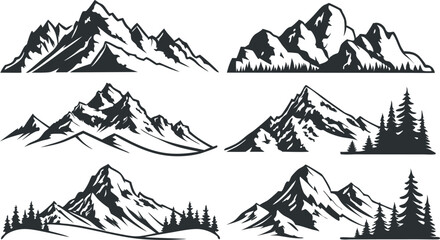 Fototapeta premium Mountain Silhouette Vector Set – Black and White Mountain Peak Illustrations on White Background