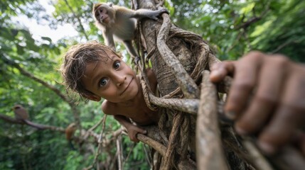 A boy and monkey climbing a tree.