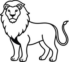 Black and White Illustration of a Standing Lion with Detailed Mane
