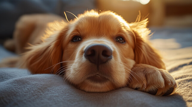 A golden retriever puppy is lying on a soft blanket, looking relaxed and content. The puppy's fluffy fur glows in the warm afternoon light, highlighting its gentle features and expressive eyes. The se