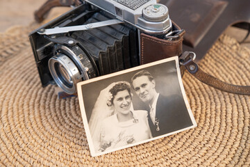 Antique sepia-toned wedding portrait encapsulates timeless love and commitment young European...