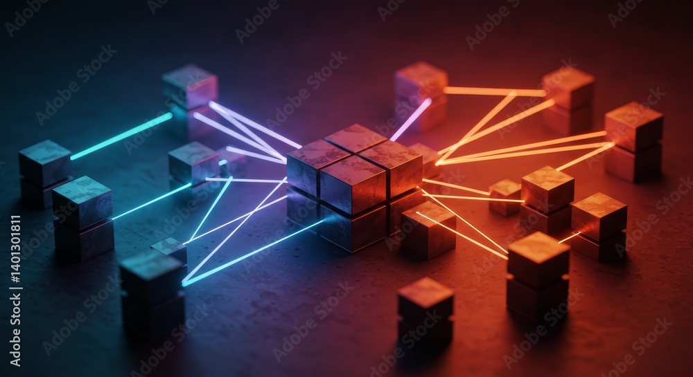 Poster interconnected cubes: abstract technology network - networked cubes symbolize data flow, global conn
