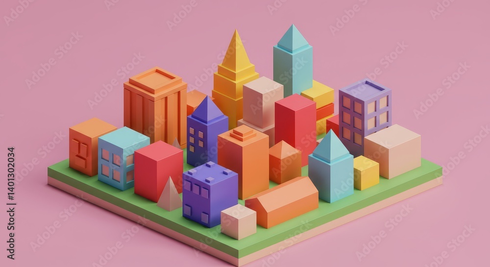 Poster isometric cityscape blocks abstract design - colorful isometric blocks form an abstract city skyline