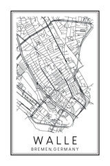 Obraz premium Hand drawn printable downtown road map poster of borough WALLE of the German city of BREMEN on solid white background with city name