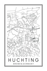 Hand drawn printable downtown road map poster of borough HUCHTING of the German city of BREMEN on solid white background with city name