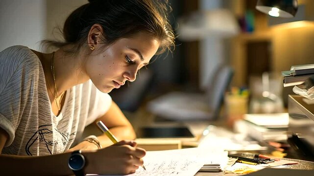 Language Student Practicing Oral Exam in Study Corner
