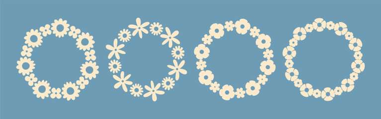 Groovy floral circle frame set with simple flowers in a minimalist style on a blue background. Hand-drawn botanical wreaths, perfect for wedding invitations, cards, logos, and decorative design projec